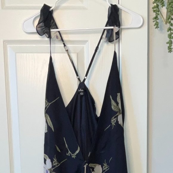 Lulus - Navy and White - Floral High-Low Wrap Dress - Size Large - Picture 5 of 13